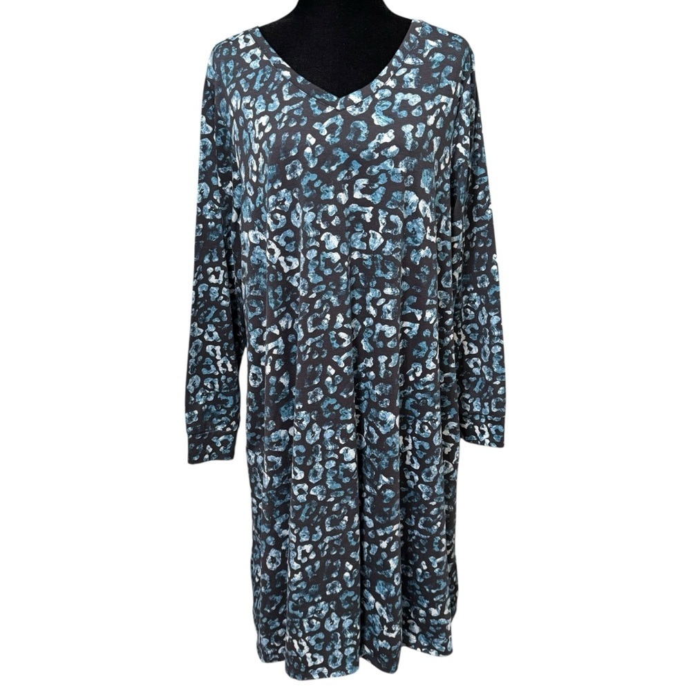LuLaRoe Swing Dress Blue Black Leopard Print Long Sleeve Pockets XL
